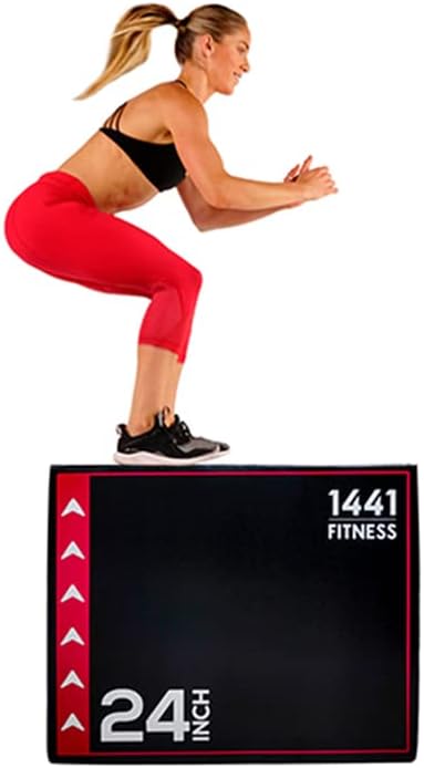 Woman performing a squat on a 24-inch exercise board with '1441 Fitness' branding.