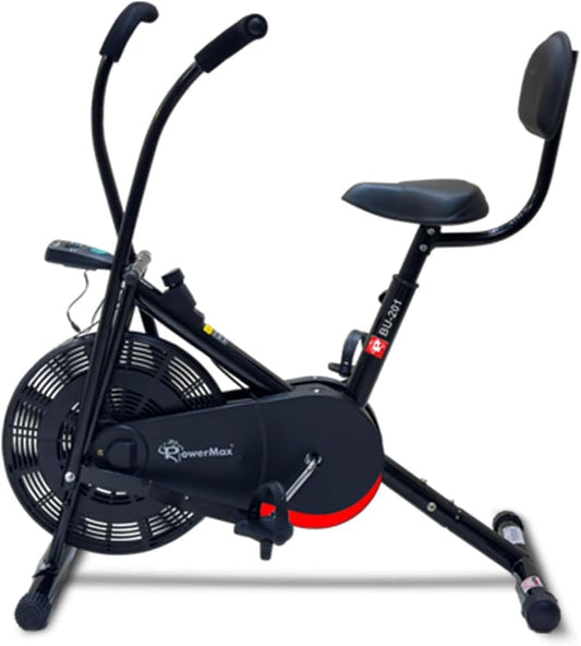Black exercise bike with fan on a white background