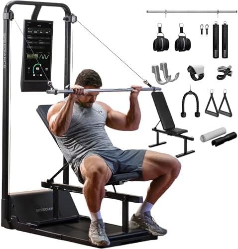 Man using a home gym setup with various attachments on a white background