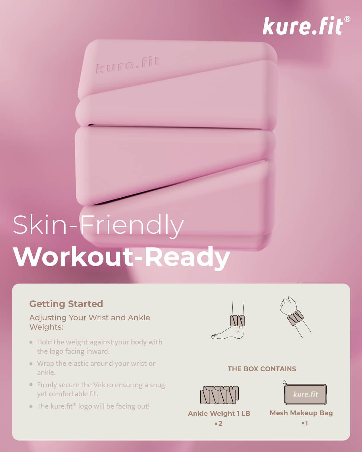 Pink ankle weights with 'kure.fit' branding on a pink background