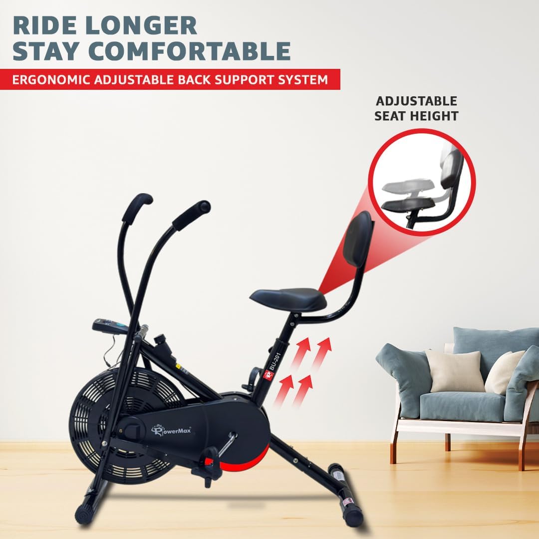 Exercise bike with ergonomic adjustable back support system and adjustable seat height feature, placed indoors.