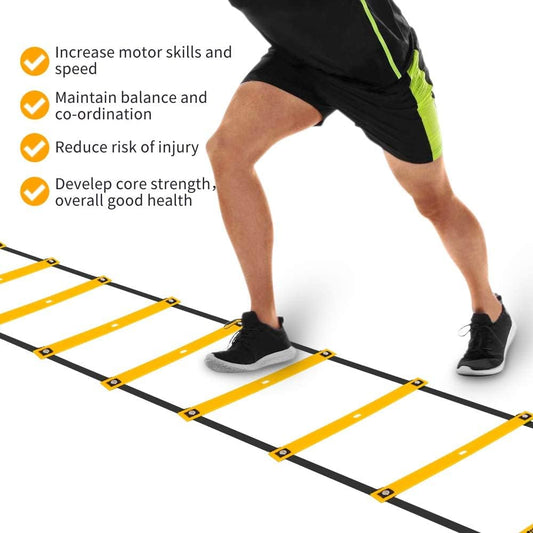 Person using a yellow and black agility ladder with text benefits on a white background