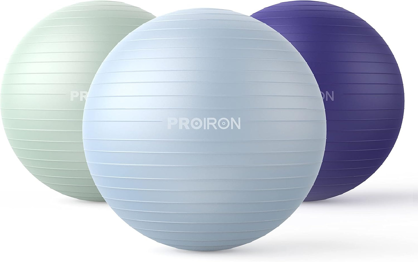 Three exercise balls in green, blue, and purple with 'PROIRON' branding on a white background.
