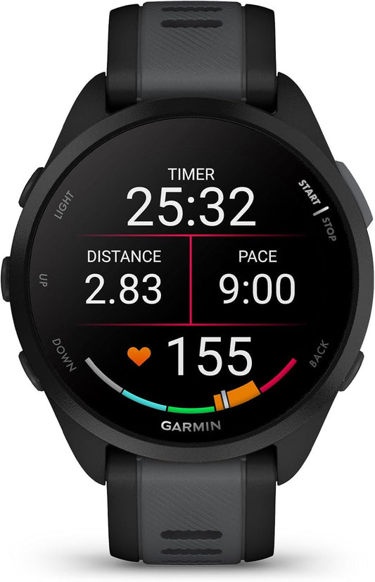 Garmin smartwatch with display showing fitness metrics on a white background
