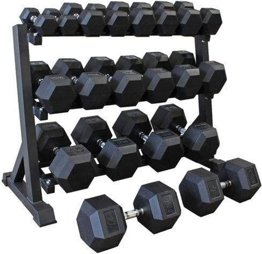Set of black hexagonal dumbbells on a rack with weights ranging from 5 to 30 pounds.