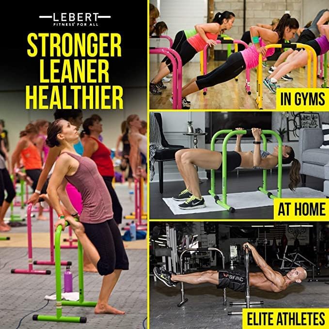 Collage of people using exercise bars in various settings with Lebert branding.