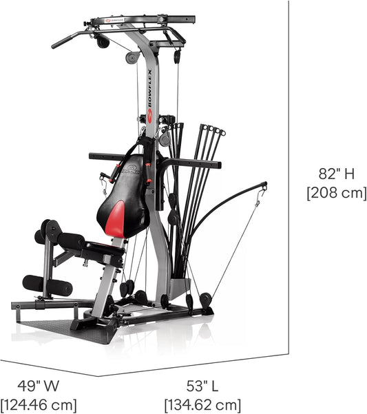 Gym machine with dimensions labeled on a white background