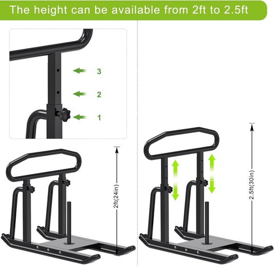 Fitness equipment with adjustable height feature and measurements on a white background