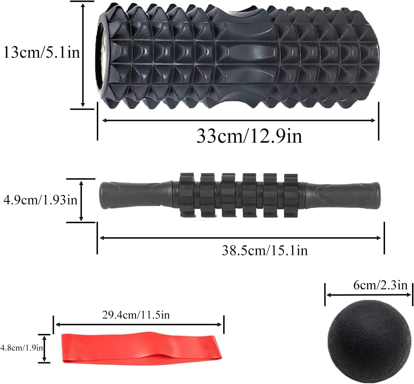 Black foam roller, red resistance band, and black ball with measurements on a white background