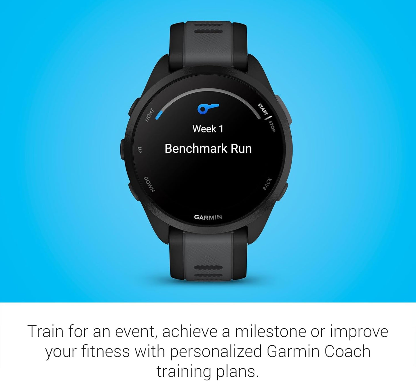 Garmin smartwatch on a blue background with text about personalized training plans.