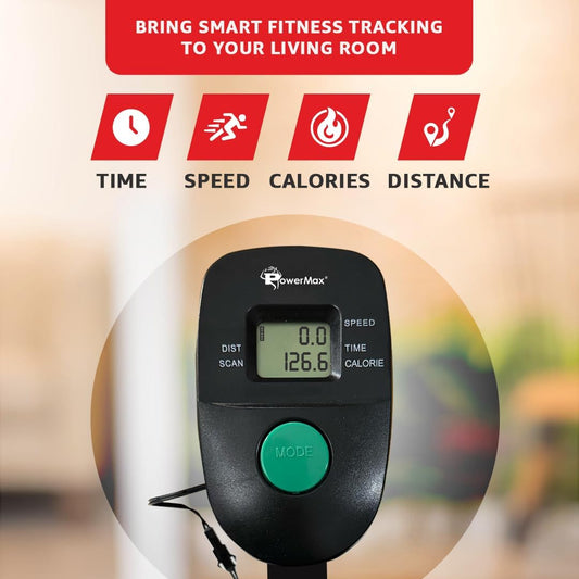 Fitness tracker with digital display on a blurred background with text about smart fitness tracking.