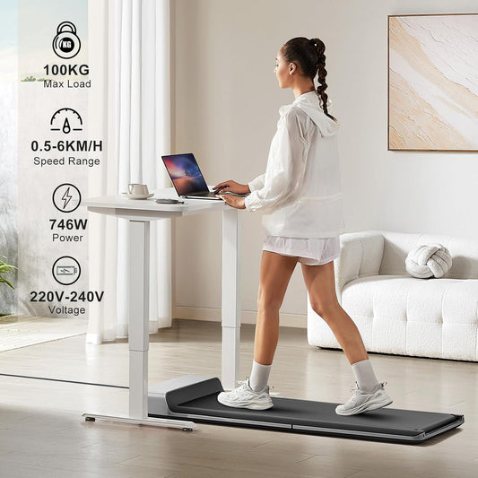 Woman using a treadmill in a home setting with product specifications displayed.