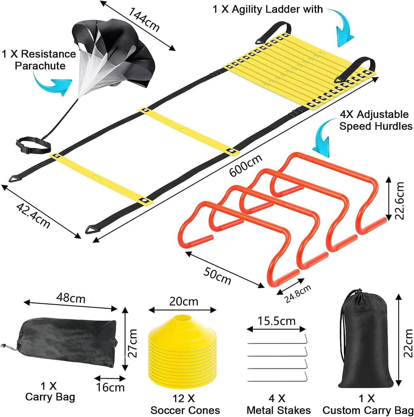 Set of sports training equipment with dimensions labeled on a white background