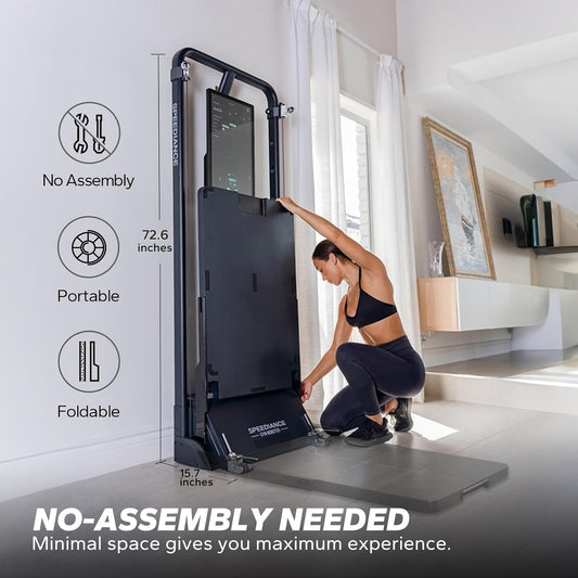 Portable home gym system with a woman using it in a room.