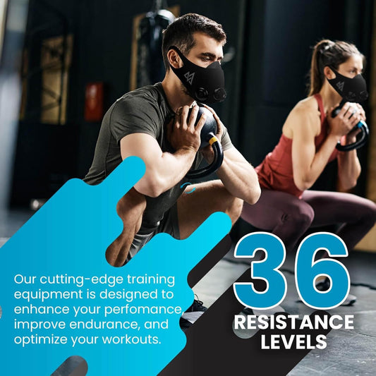Two people exercising with resistance equipment in a gym setting, promotional text about training equipment.
