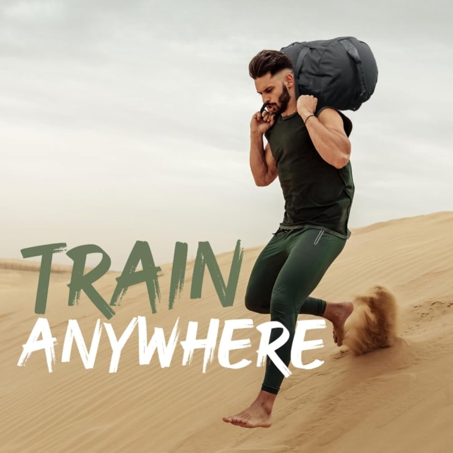 Man running in the desert with 'Train Anywhere' text overlay