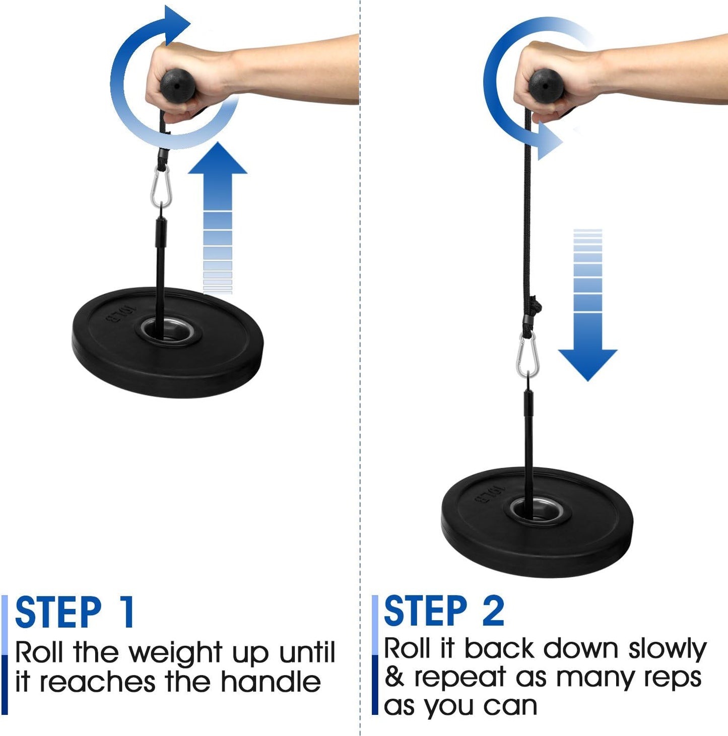 Instructions for using a weight roller with text and arrows indicating movement.