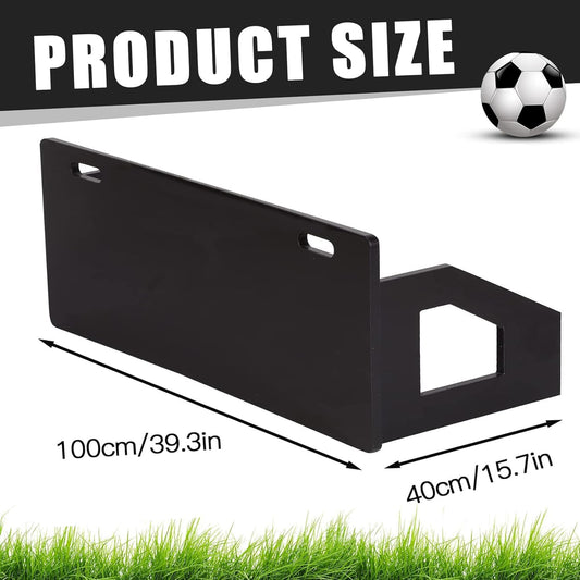 Black sports training device with dimensions and a soccer ball on a grass background
