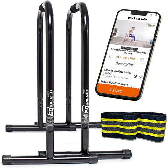 Black pull-up bar with resistance bands and smartphone displaying workout app on a white background