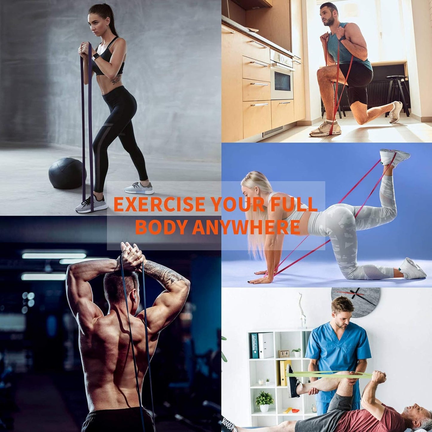 Collage of people exercising with resistance bands in various settings.