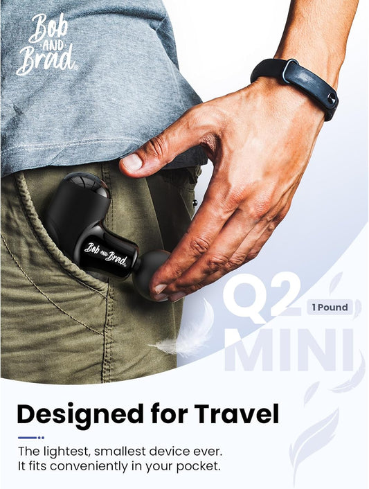 Person wearing a small black device in their pocket with promotional text about its design for travel.