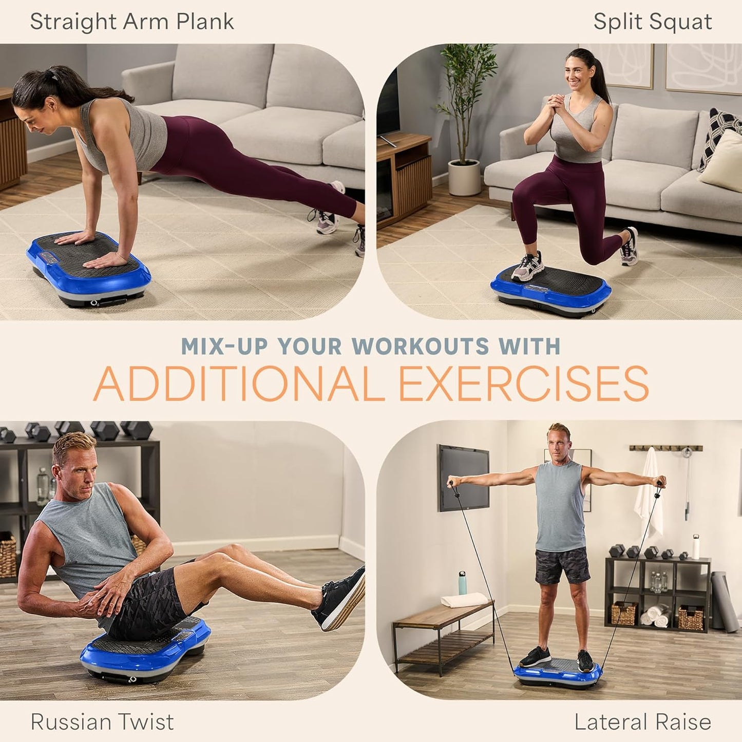 Four different exercises performed on a blue vibration plate in a living room setting.