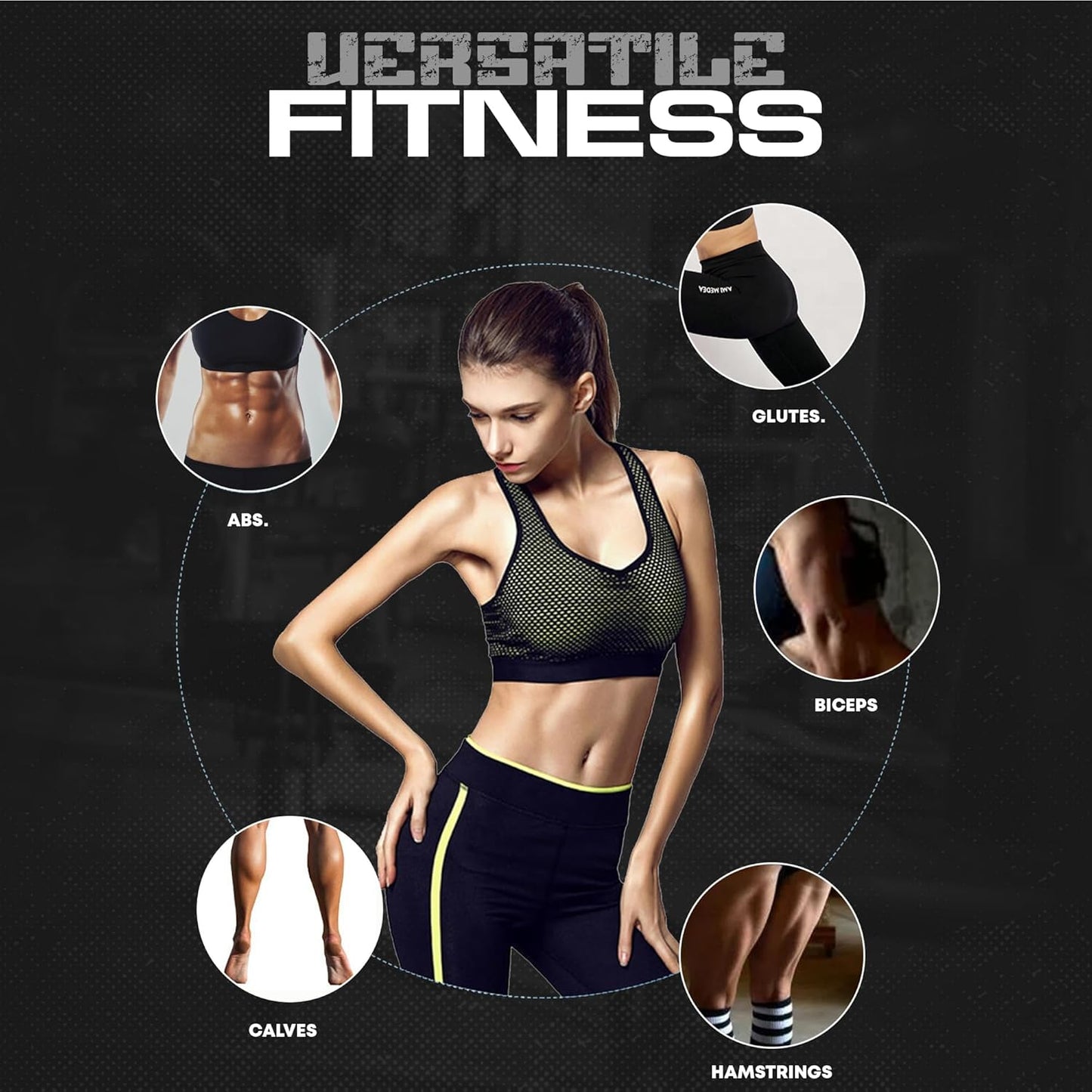 Woman in athletic wear with fitness focus areas on a dark background