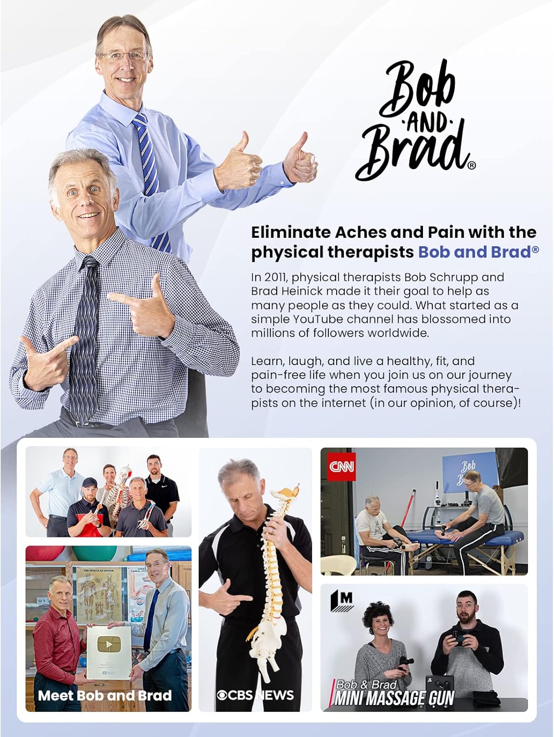 Advertisement featuring physical therapists Bob and Brad with text about their YouTube channel and mission.