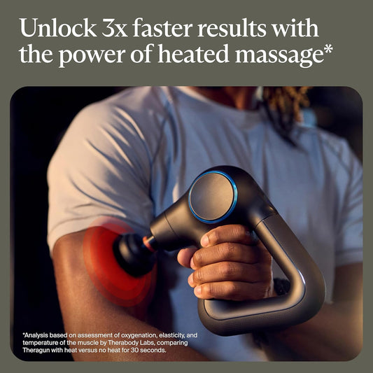 Person using a handheld massage device on their arm with text about heated massage benefits.