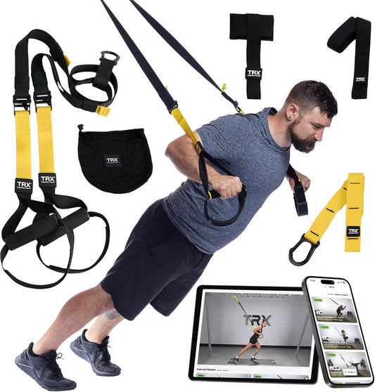 TRX suspension training system with a man using it, tablet, and phone displaying TRX app.