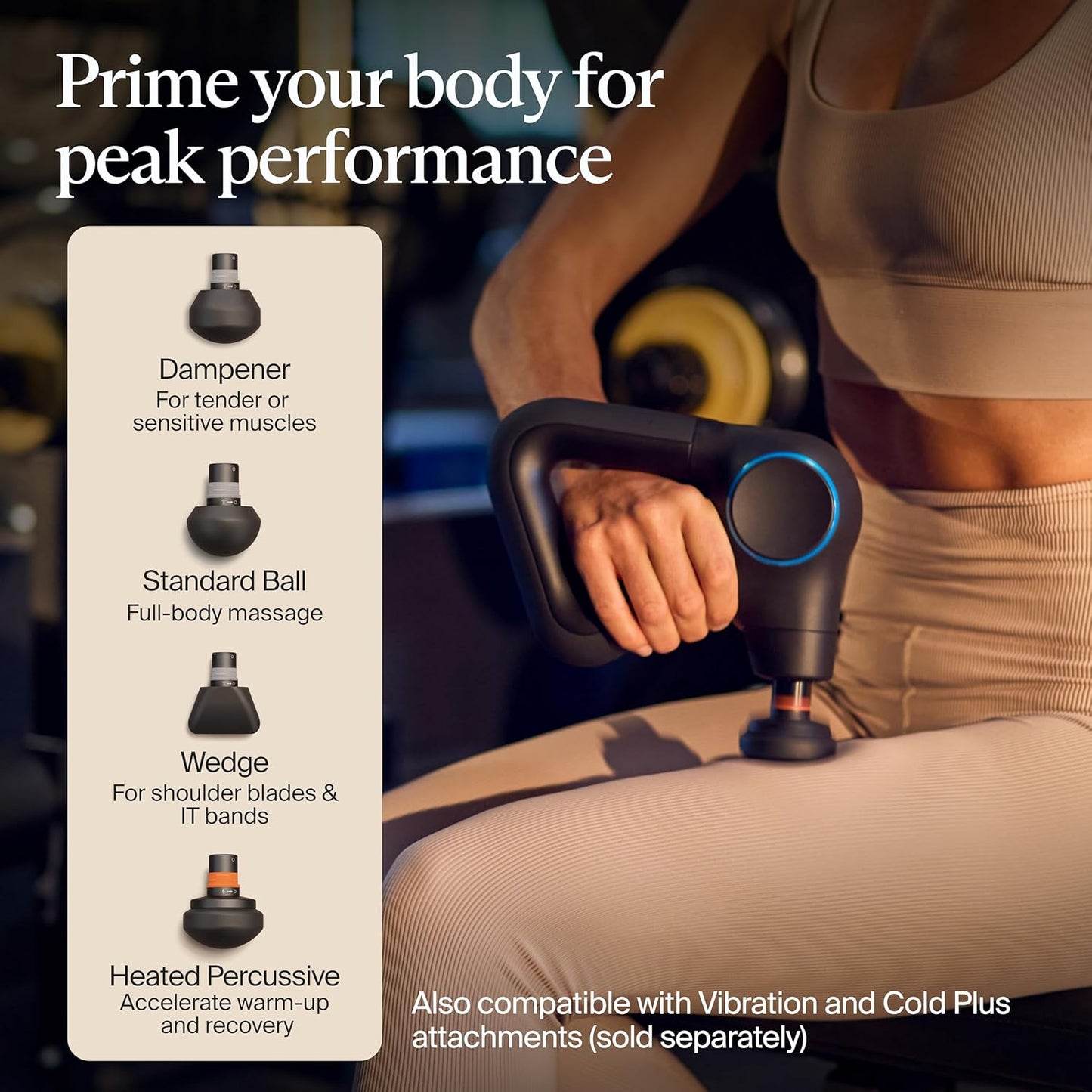 Person using a massage gun with attachments displayed on the left, text 'Prime your body for peak performance' above.