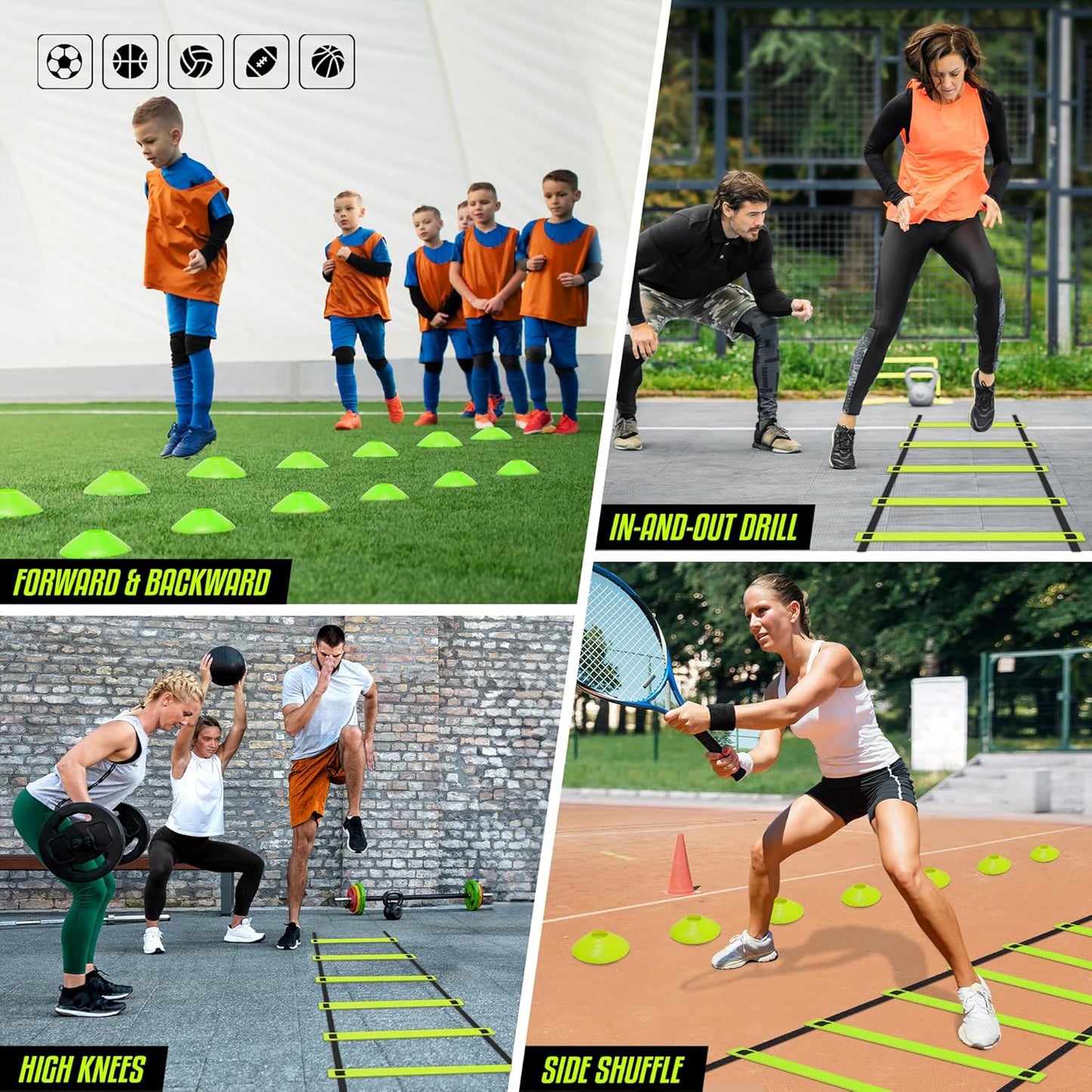 Collage of people performing various sports drills on different surfaces.