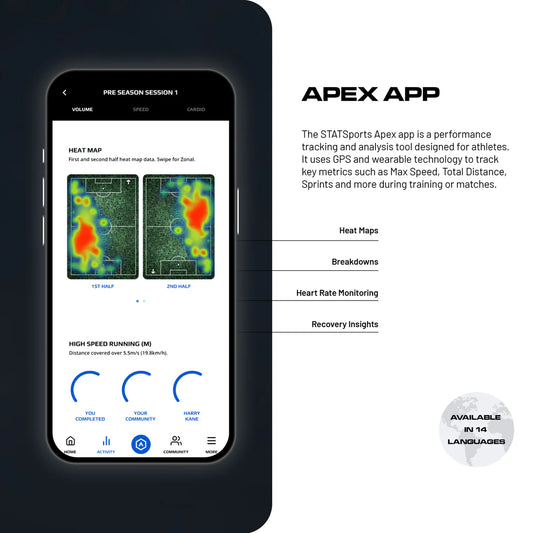 Phone screen displaying the Apex app with heat maps and app features on a dark background