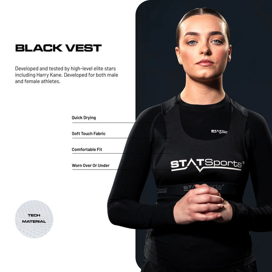 Person wearing a black vest with STATSports branding on a dark background