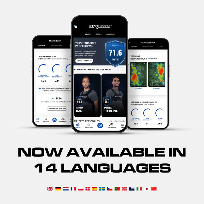 Three smartphones displaying a sports analytics app with text 'Now available in 14 languages' and country flags below.